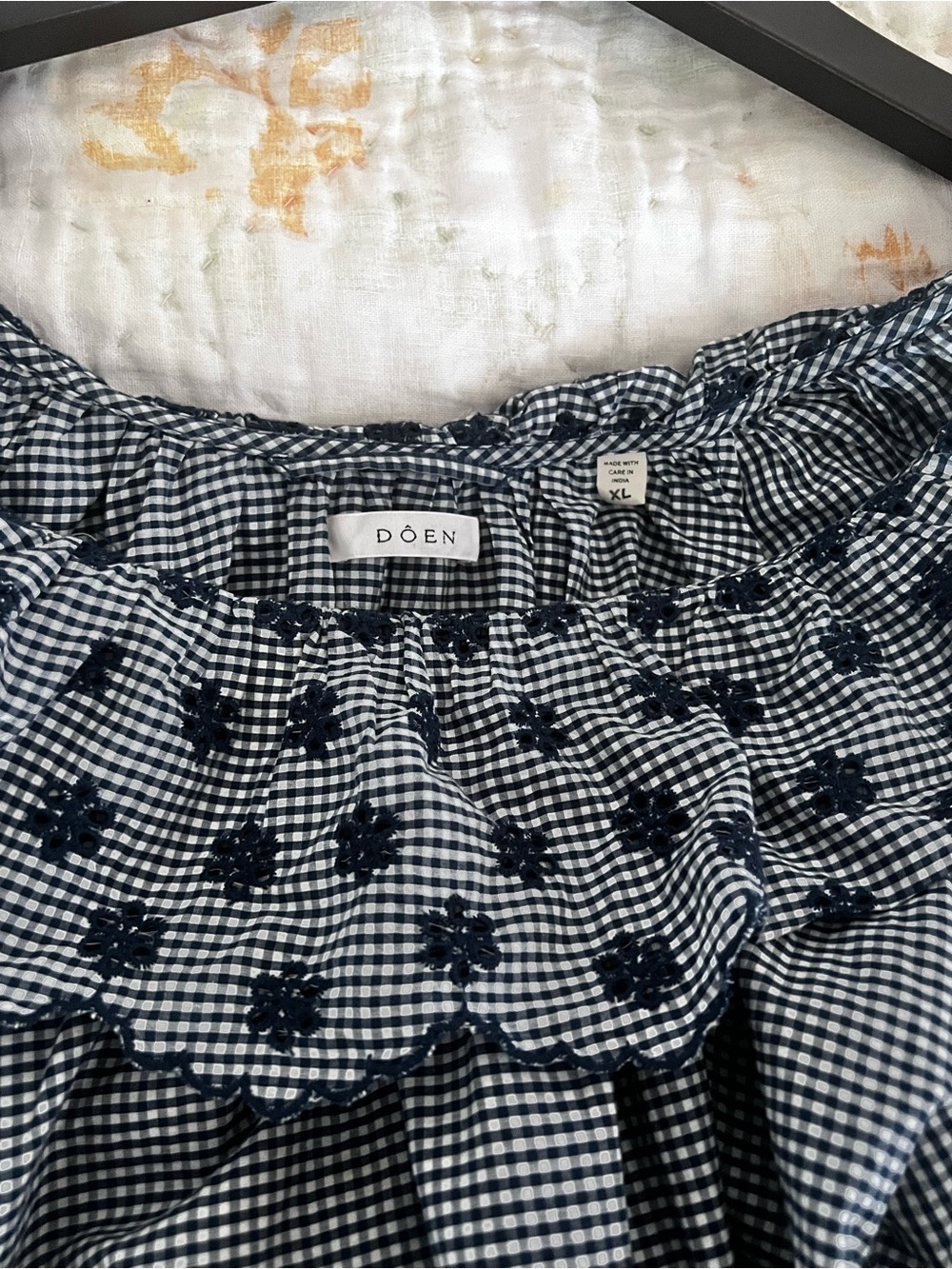 Doen Navy and White Checked Maxi dress with Puff Sleeves and Embroidered Hem. - Picture 3 of 4